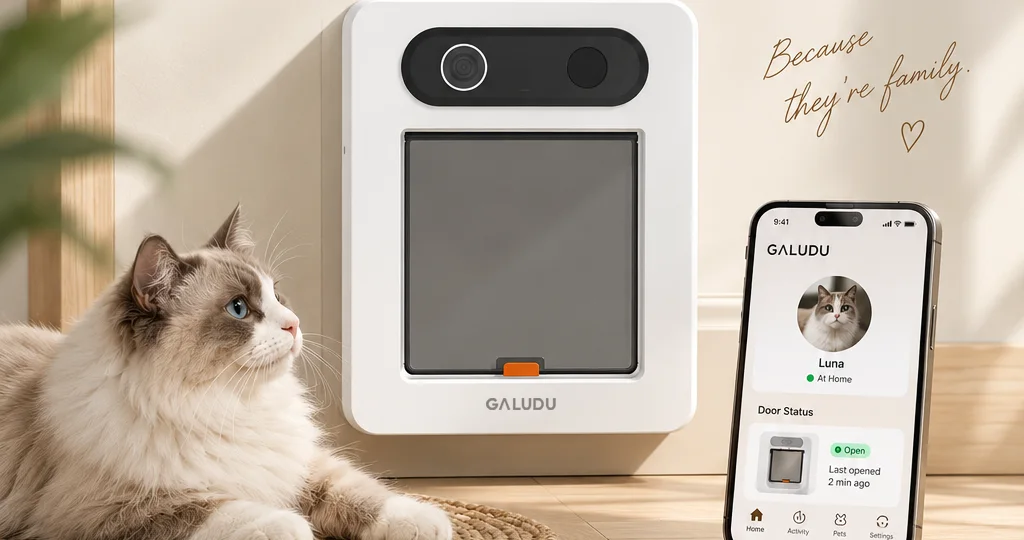GALUDU smart cat flap at home with a cat and the companion app